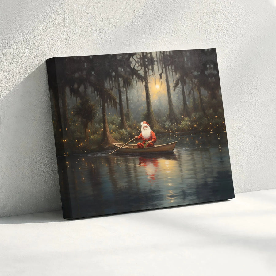 Santa Claus Bayou Canvas Art | Magical Swamp Christmas Boat Scene | Premium Gallery Wrap Print | Whimsical Holiday Home Decor Gift