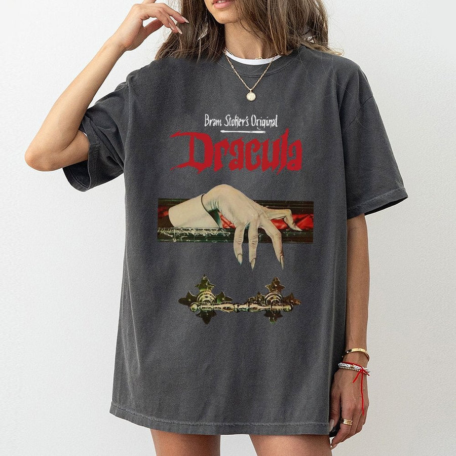 Dracula Graphic T-Shirt | Classic Gothic Horror Novel Illustration | Premium 100% Cotton Tee | Spooky Halloween Gift for Horror Movie Fans