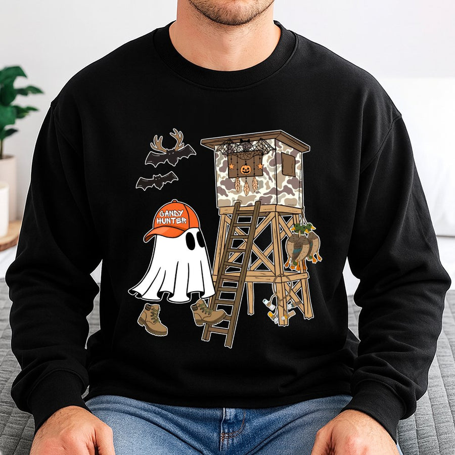 Candy Hunter Ghost Sweatshirt | Funny Camo Deer Stand Halloween Graphic | Cotton Blend Premium Crewneck | Spooky Fall Gift for Outdoorsmen
