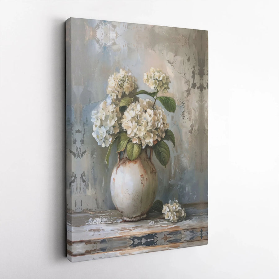 White Hydrangea Floral Canvas Art | Rustic Still Life Flower Painting | 1.25 Inch Gallery Wrap Premium Wall Decor | Elegant Farmhouse Home Gift