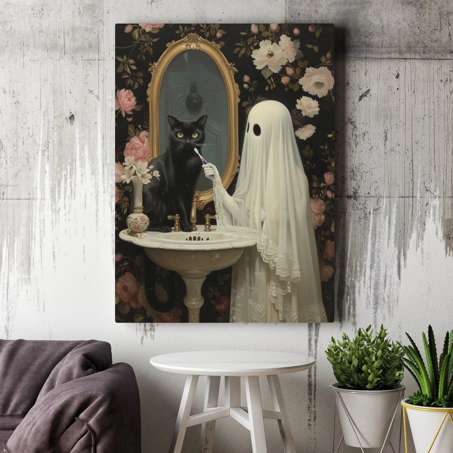 Ghost and Black Cat Canvas Wall Art | Vintage Gothic Bathroom Painting | Premium Gallery Canvas | Unique Whimsigoth Home Decor Gift