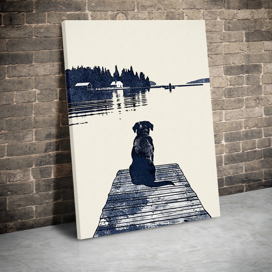 Dog On Dock Canvas Wall Art | Minimalist Lake View Silhouette | Premium Gallery Wrapped Print | Nature Lover Gift Home Decor