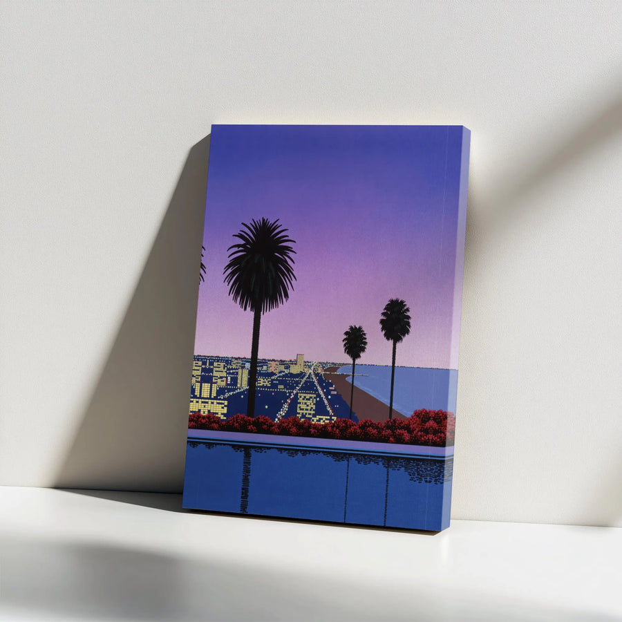 Vaporwave Cityscape Canvas Art | 80s Japanese Aesthetic Palm Tree Scene | Premium 1.25" Gallery Wrap | Modern Retro Home Decor Gift