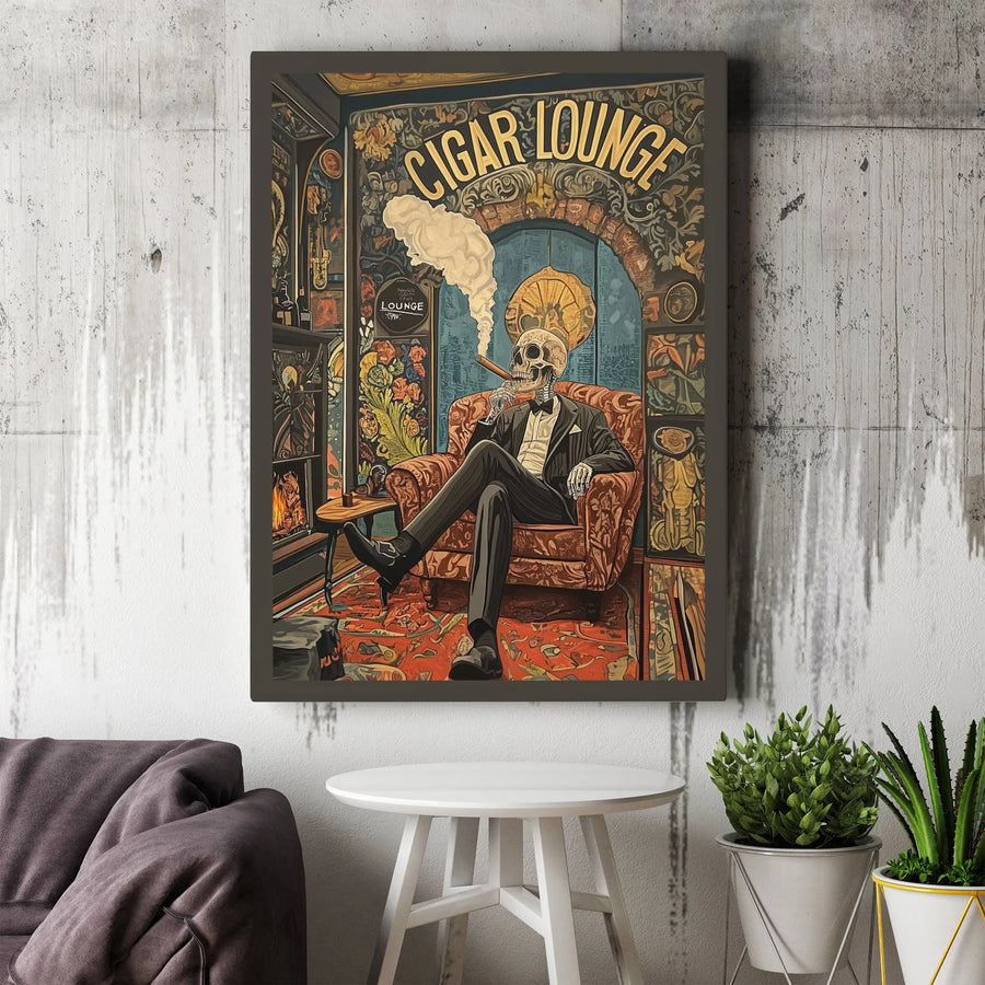 Cigar Lounge Skeleton Canvas Art | Vintage Smoking Gentleman Wall Decor | Premium Fade-Resistant Gallery Wrap | Sophisticated Home Bar Gift
