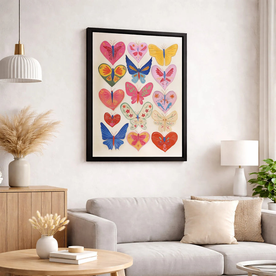 Butterfly Heart Canvas Wall Art | Colorful Folk Art Butterfly Print | Premium Fade-Resistant Gallery Wrap | Whimsical Nursery & Home Decor Gift