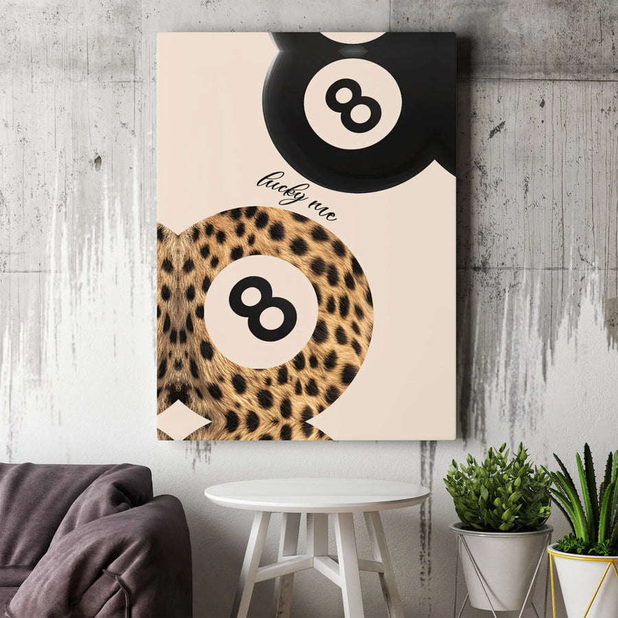 Lucky Me 8 Ball Canvas Wall Art | Leopard Print Billiards Decor | Gallery Quality 1.25 Inch Wrap | Modern Preppy Room Aesthetic