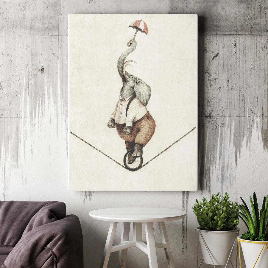 Vintage Circus Elephant Canvas Print | Whimsical Tightrope Walker Illustration | Premium Thick Gallery Canvas | Unique Nursery & Kids Room Decor Gift