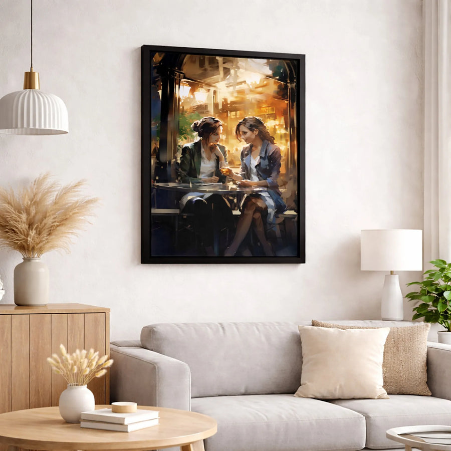 Parisian Cafe Scene Canvas Art | Two Women Talking Evening Painting | Premium Gallery Wrap Print | Modern Home Decor Gift