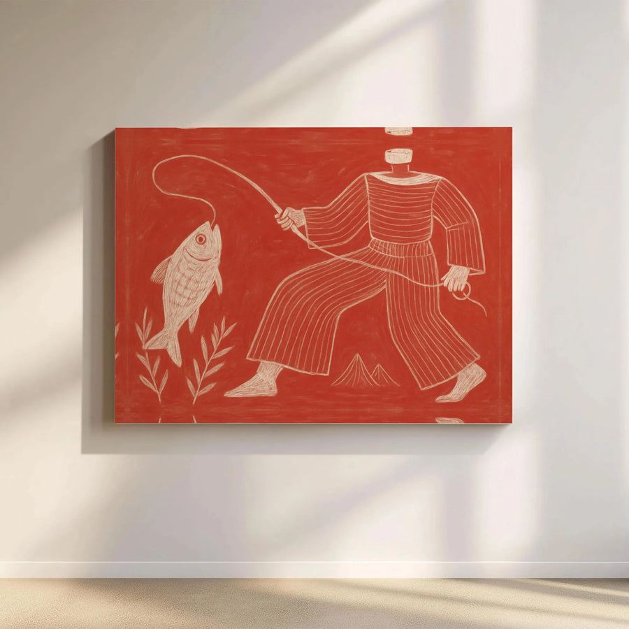 Fisherman Line Art Canvas | Terracotta Abstract Fishing Illustration | Premium Gallery Wrapped Print | Modern Home Decor Gift for Angler