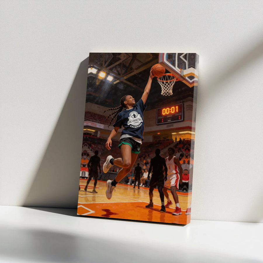 Girls Basketball Canvas Wall Art | Inspirational Female Player Dunk | Premium Gallery Wrapped Print | Motivational Sports Decor Gift for Daughter