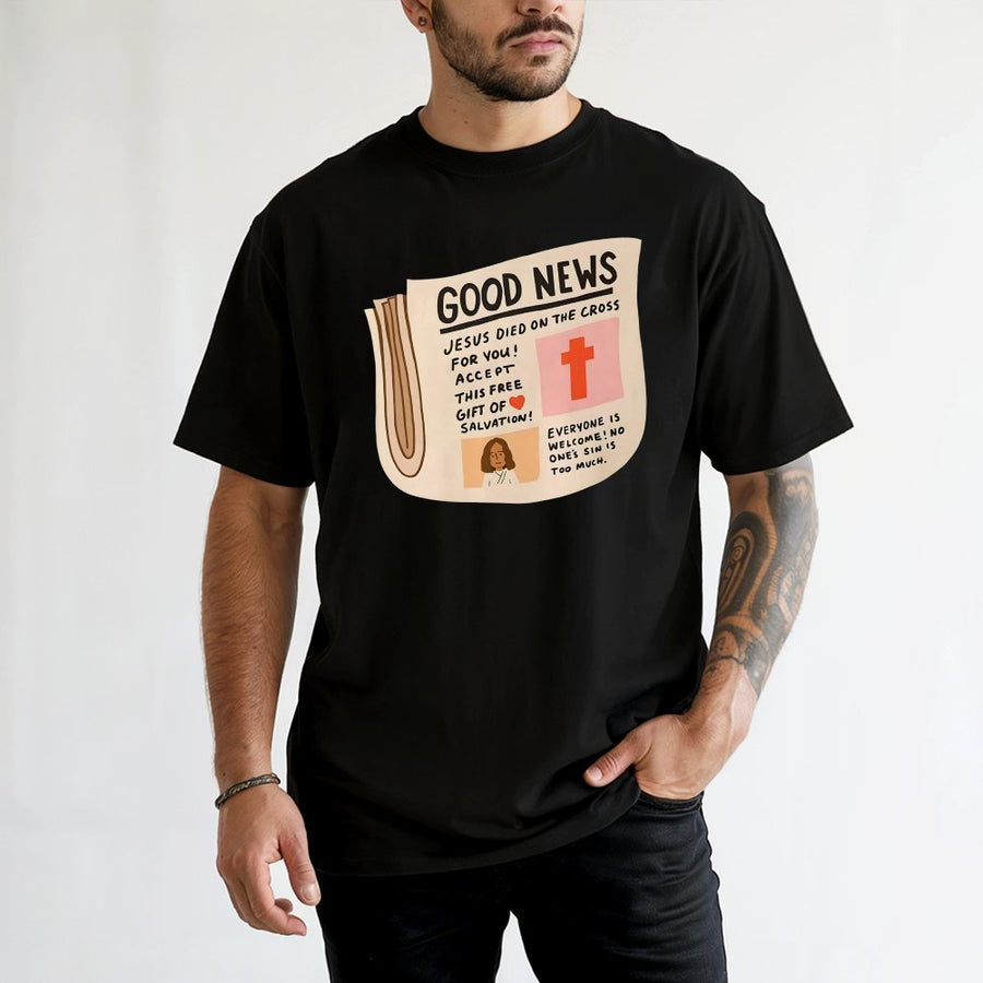 Good News Christian T-Shirt | Vintage Newspaper Gospel Design | 100% Cotton Premium Tee | Faith-Based Religious Gift for Men and Women