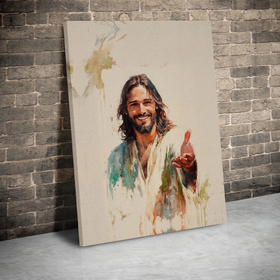 Jesus Christ Canvas Wall Art | Smiling Jesus Watercolor Portrait | Gallery Quality 1.25 Inch Frame | Christian Religious Home Decor Gift
