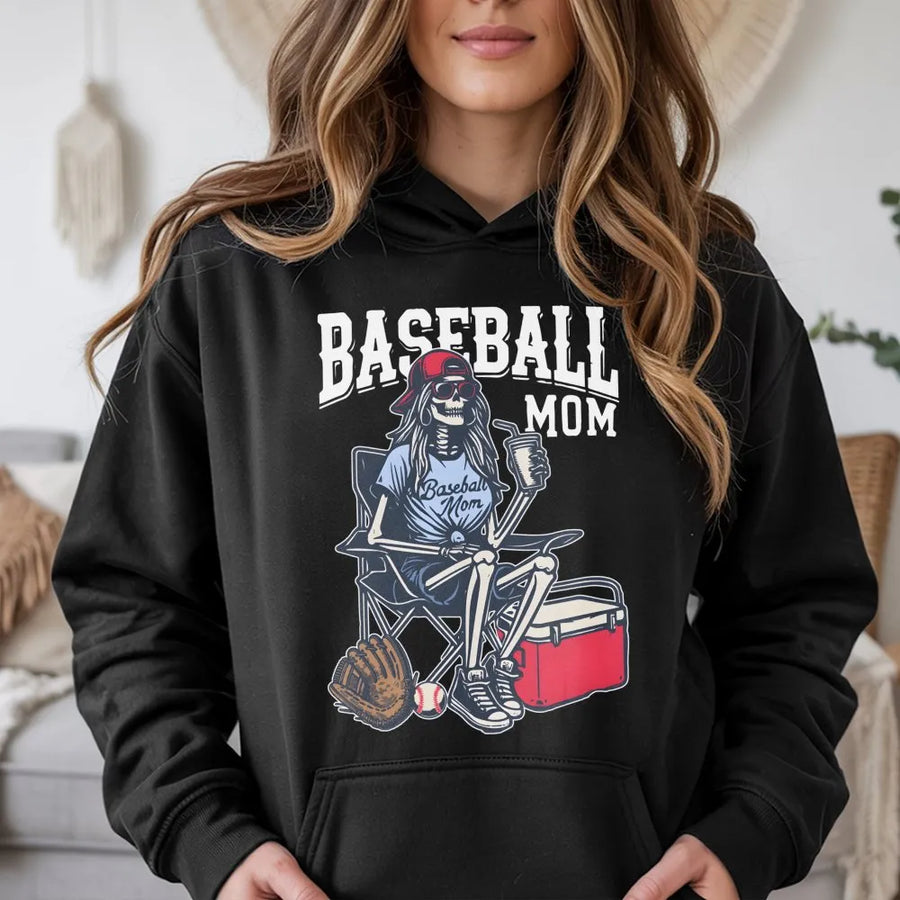 Baseball Mom Hoodie | Spooky Skeleton Baseball Graphic | Premium Cotton Blend Comfort | Gift For Softball Mom & Bleacher Coach Supporters