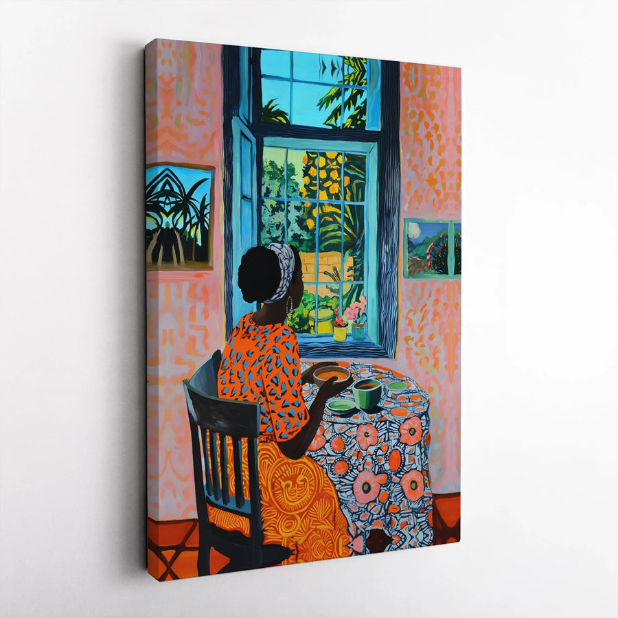 Black Woman Wall Art Canvas | Vibrant Woman by Window Painting | Premium Canvas Print | Afrocentric Home Decor Gift