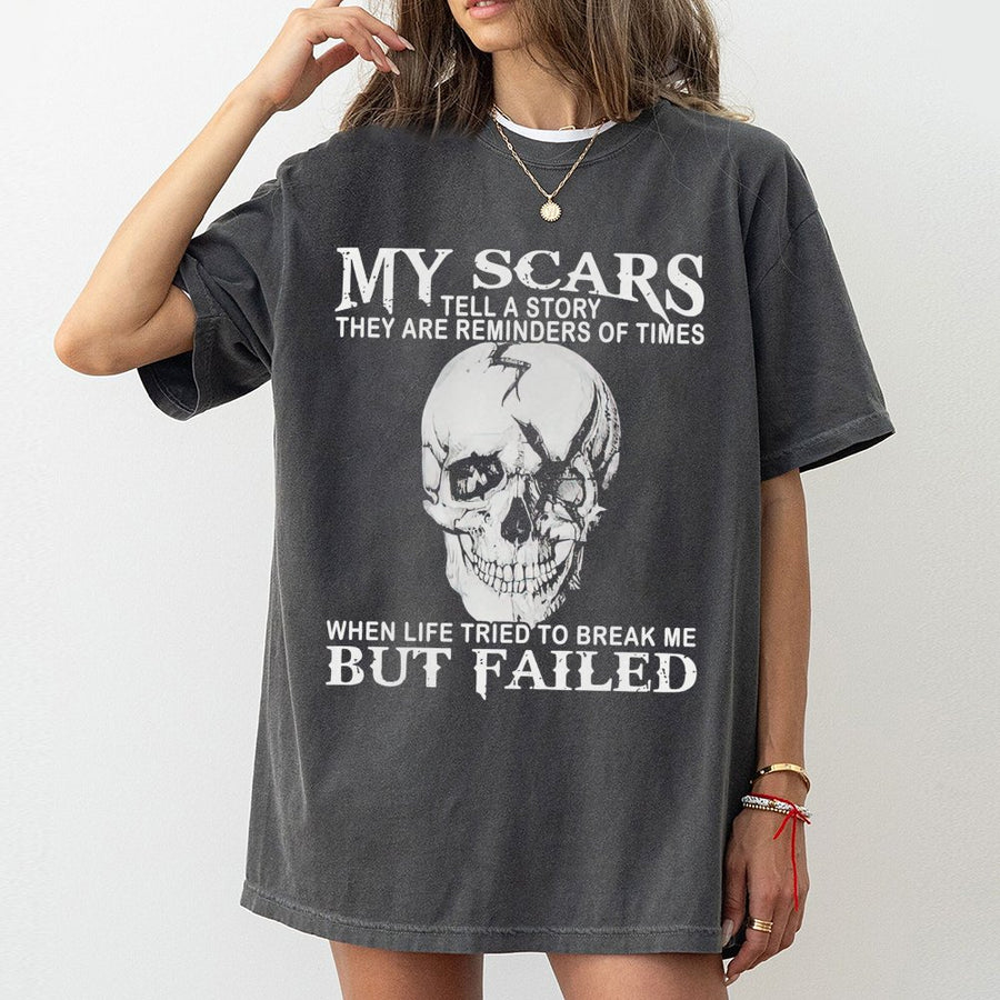 My Scars Tell A Story T-Shirt | Distressed Skull Graphic Design | 100% Premium Cotton | Motivational Gift for Survivors and Warriors