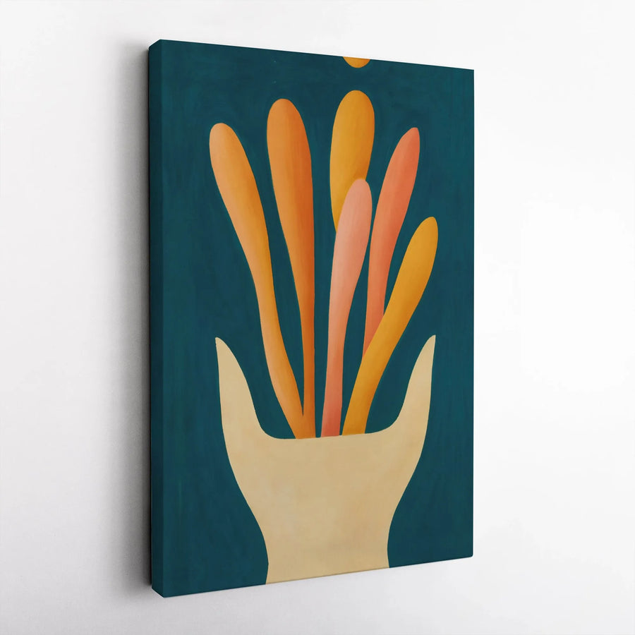 Abstract Hand And Plant Canvas Wall Art | Mid-Century Modern Botanical Decor | Premium Gallery Wrapped Print | Minimalist Living Room Gift Idea