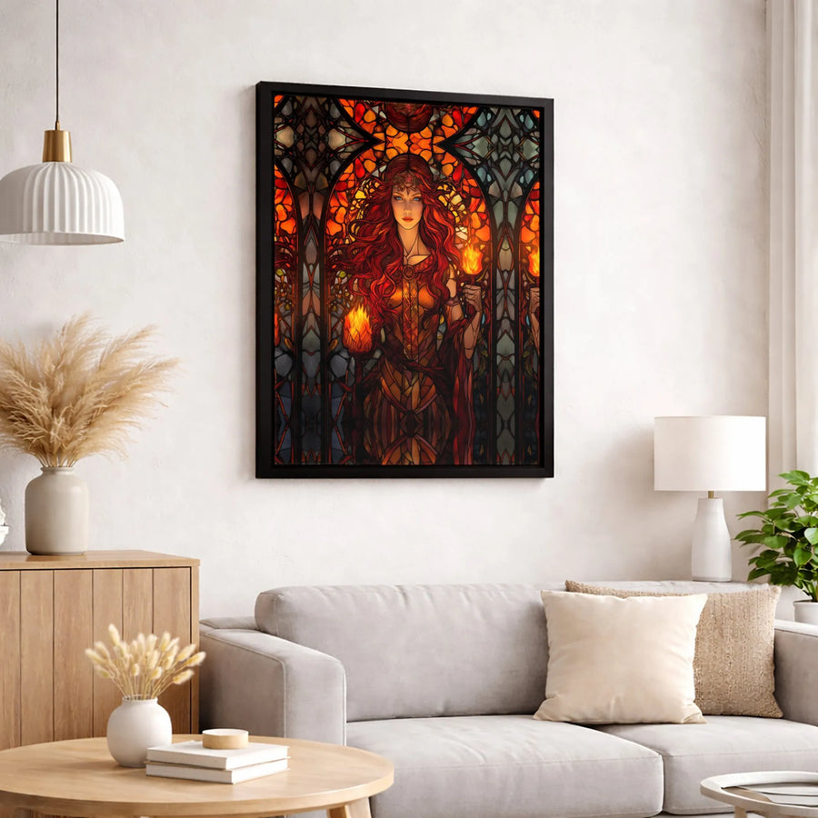 Fantasy Sorceress Wall Art | Stained Glass Fire Witch Decor | Premium Gallery Wrap Canvas | Gothic Home Decor Gift for Fantasy Lovers