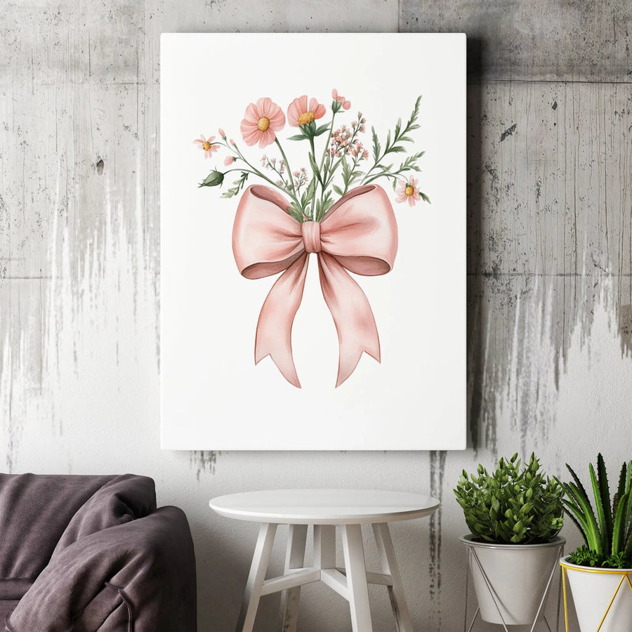 Watercolor Flower Bouquet Canvas Wall Art | Soft Pink Bow Aesthetic Print | Premium Gallery-Wrapped Decor | Elegant Floral Gift for Her