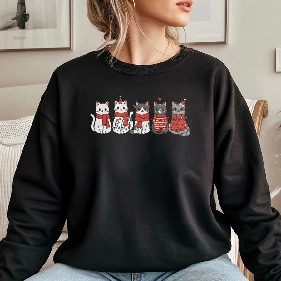 Cute Cat Christmas Sweatshirt | Festive Kittens with Red Scarves Design | Premium Cotton Blend | Holiday Gift for Cat Lovers and Pet Owners