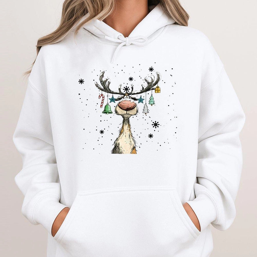 Cute Reindeer Hoodie | Funny Decorated Antlers Graphic | Premium Cotton Blend Pullover | Festive Christmas Gift for Holiday Lovers