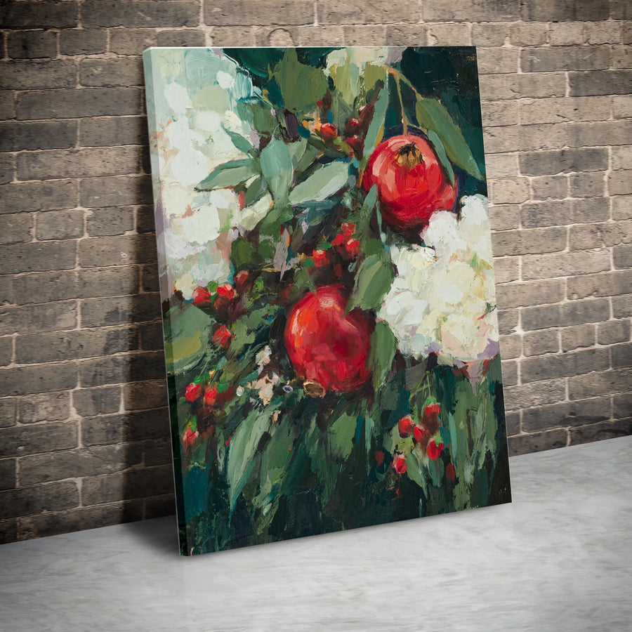 Pomegranate Vertical Canvas | Impressionist Fruit Painting Still Life | Premium Gallery Wrapped Canvas | Limited Edition Kitchen Wall Decor Gift