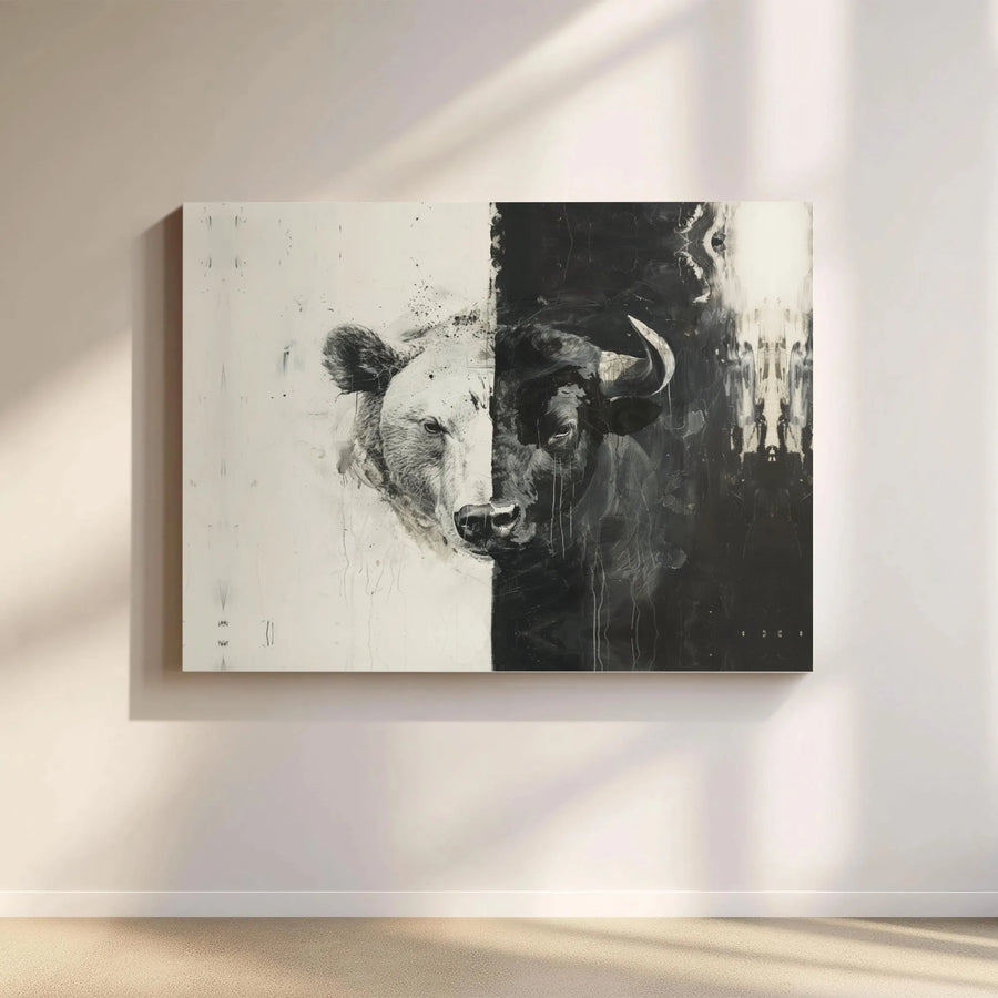 Bull and Bear Stock Market Horizontal Canvas | Split Face Abstract Black and White Print | Premium 1.25" Gallery Wrap | Office Wall Art Decor Gift for Day Traders & Investors