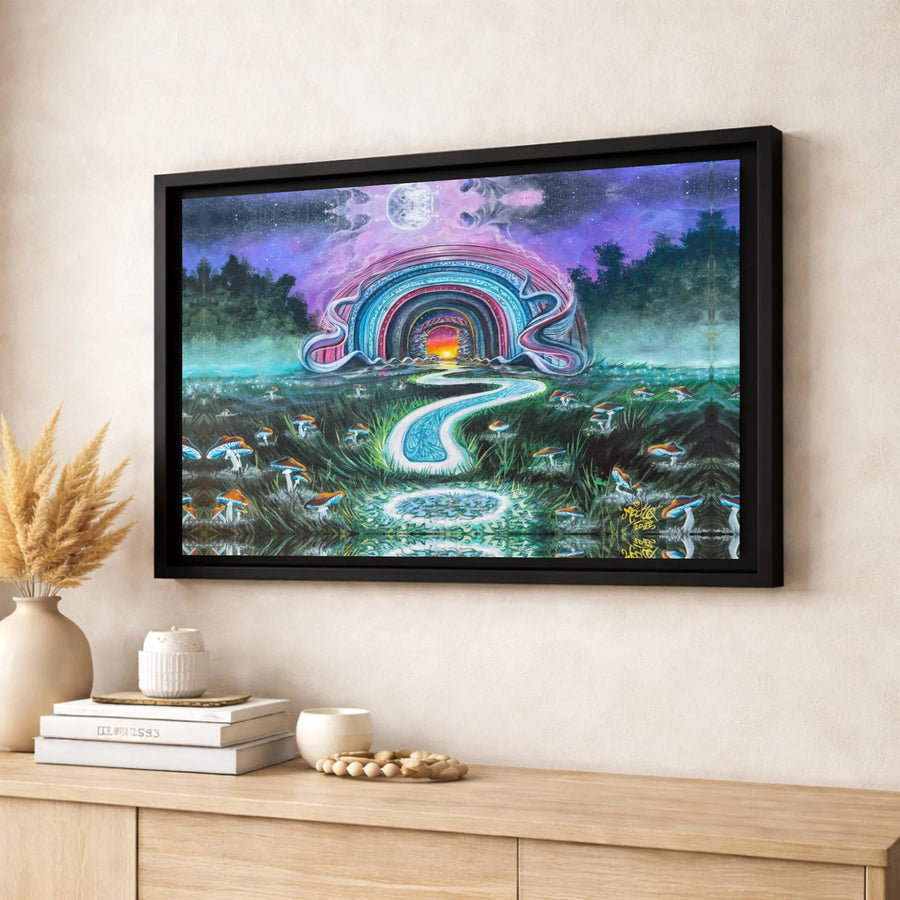 Psychedelic Mushroom Field Canvas Art | Surreal Rainbow Portal Wall Decor | Premium 1.25-Inch Gallery Wrap | Visionary Trippy Home Gift