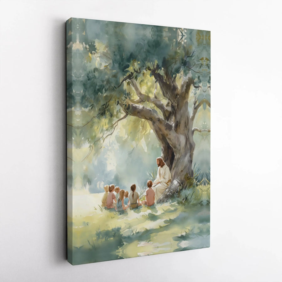 Jesus Teaching Children Canvas Wall Art | Watercolor Religious Painting | Premium Gallery Wrap Print | Christian Home Decor Gift