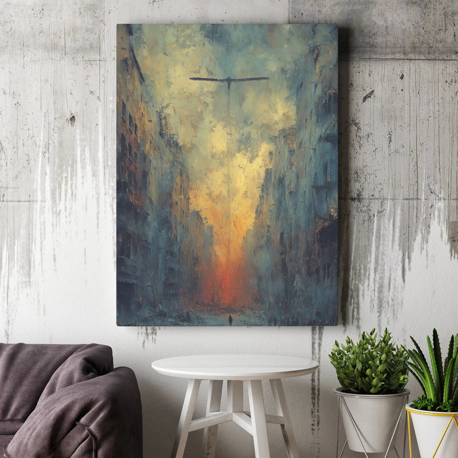 Dystopian Cityscape Canvas Art | Dark Surreal Oil Painting Style | Premium Gallery Wrap Wall Decor | Moody Gothic Office Gift