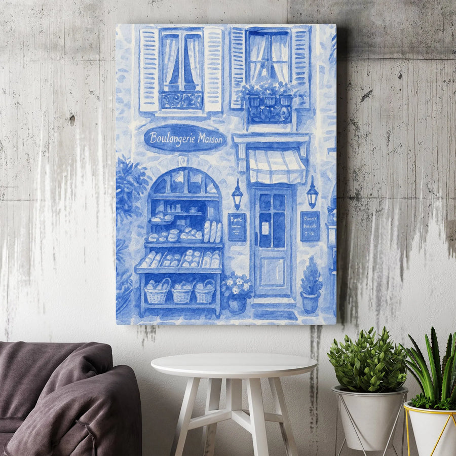 French Bakery Canvas Print | Blue and White Watercolor Shop Facade | Premium Gallery Wrapped Wall Art | Aesthetic Kitchen Home Decor Gift