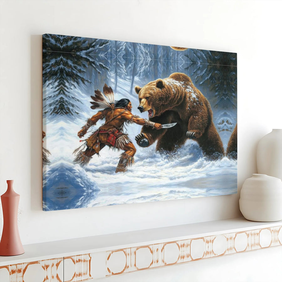Native American Warrior Grizzly Bear Battle Horizontal Canvas | Epic Wilderness Hunt Art Print | Fade-Resistant 1.25" Gallery Wrap | Rustic Cabin Decor Gift