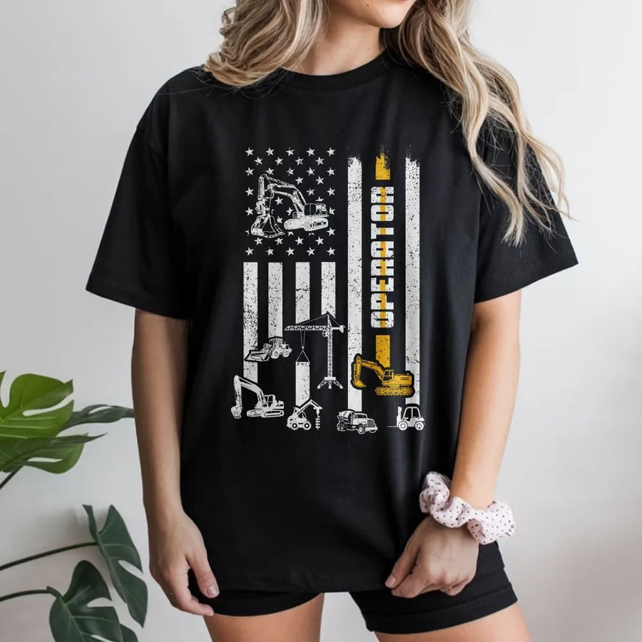 Heavy Equipment Operator T-Shirt | American Flag Construction Machines Graphic | Premium Cotton Apparel | Gift for Construction Workers & Contractors