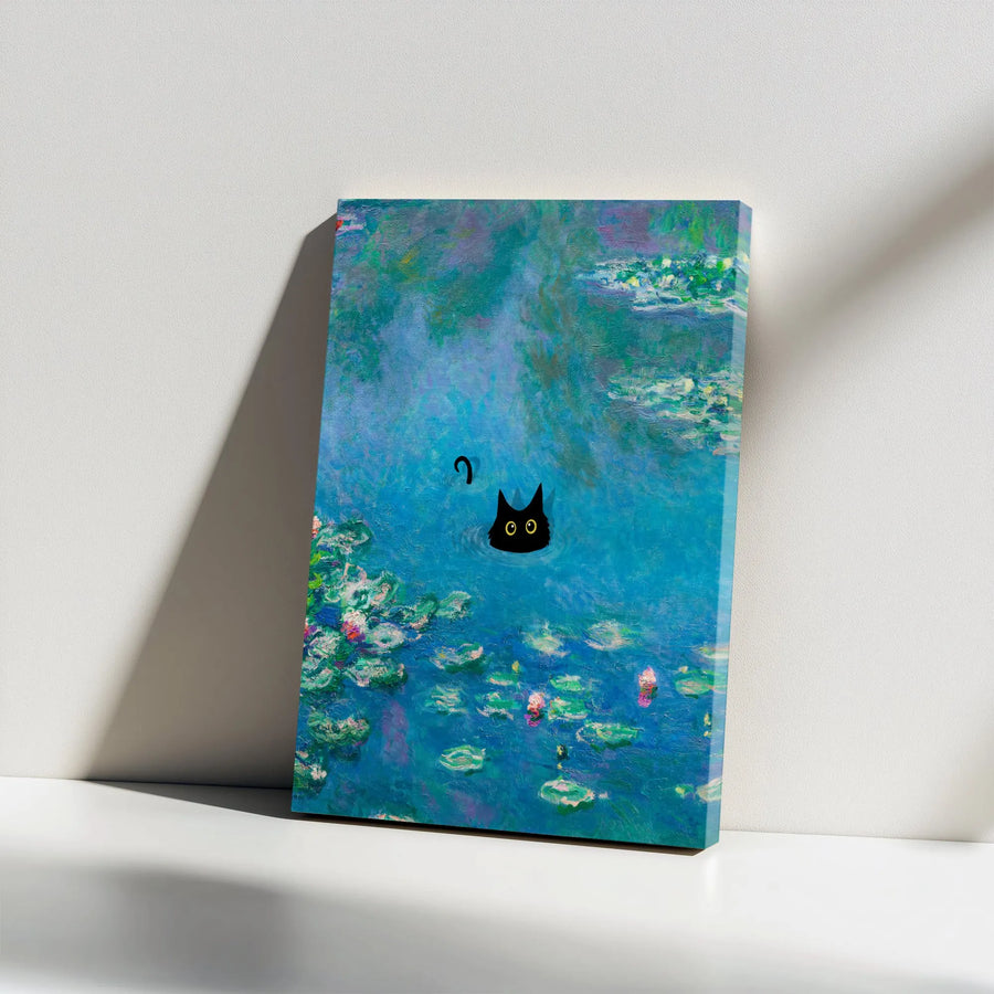 Black Cat Canvas Wall Art | Monet Water Lilies Impressionist Style | 1.25 Inch Gallery Wrap | Unique Cat Lover Gift & Home Decor