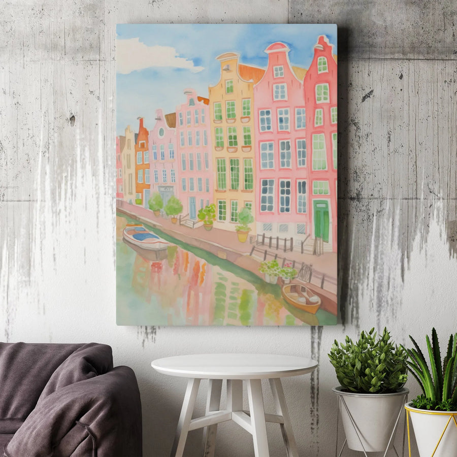 Amsterdam Canal House Canvas Art | Watercolor European Townscape Print | Premium 1.25-Inch Gallery Wrap | Travel Inspired Home Decor Gift