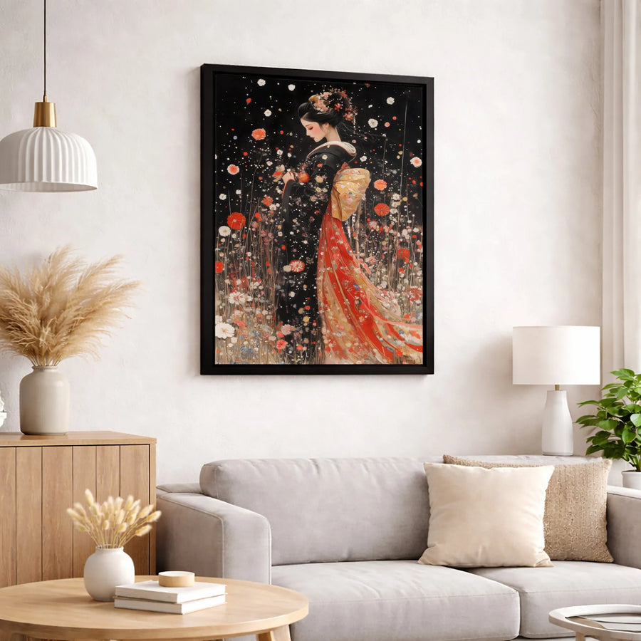Japanese Woman Kimono Wall Art | Elegant Floral Garden Canvas | Premium Fade-Resistant Print | Zen Home Decor Gift for Her