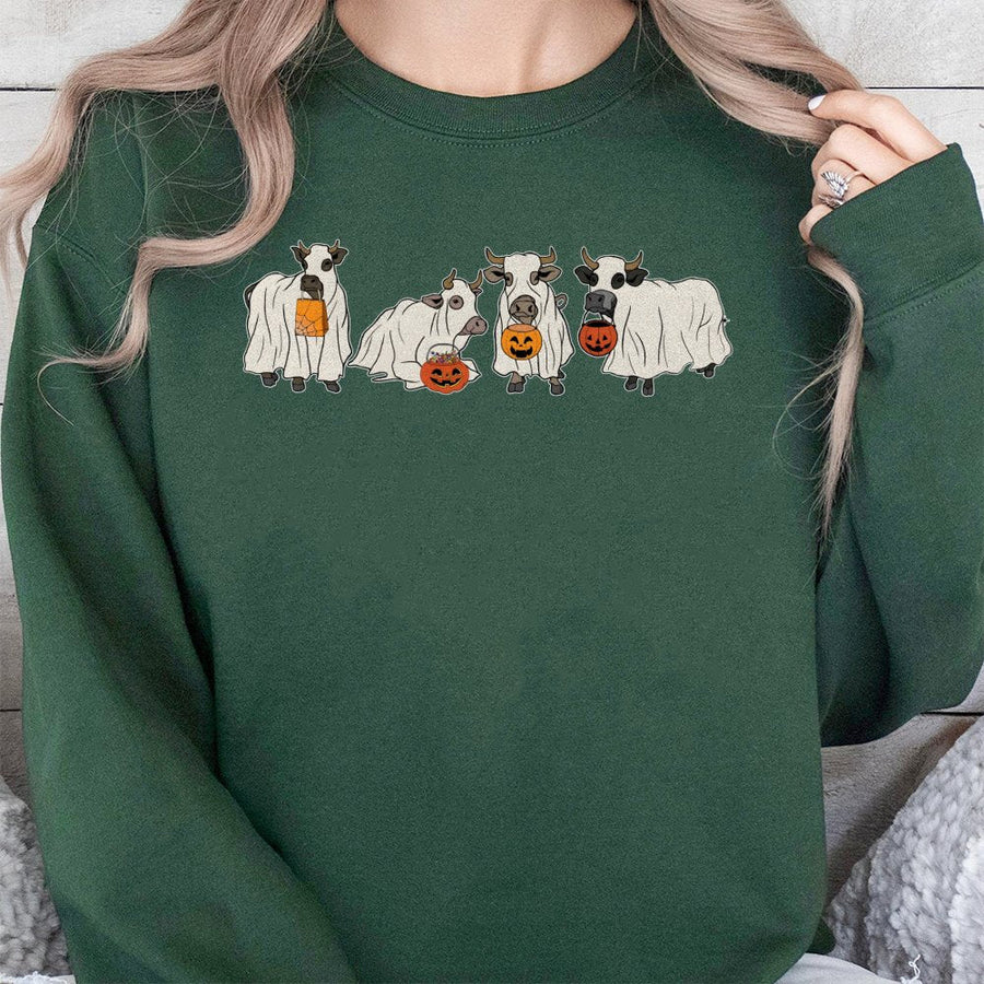 Ghost Cow Sweatshirt | Spooky Halloween Farm Animal Graphic | Premium Cotton Blend Crewneck | Cute Fall Holiday Gift for Animal Lovers