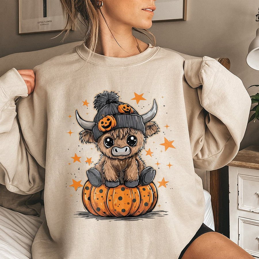 Highland Cow Halloween Sweatshirt | Cute Pumpkin Witch Hat Graphic | Premium Cotton-Poly Blend | Cozy Fall Apparel Gift for Women & Kids