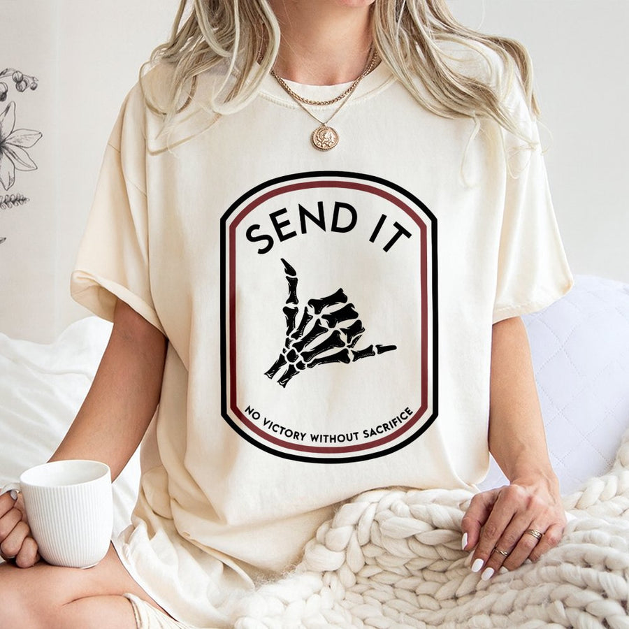 Send It Graphic T-Shirt | Skeleton Shaka Hand Sign Design | 100% Cotton Premium Quality | Tactical Fitness Apparel for Men and Women