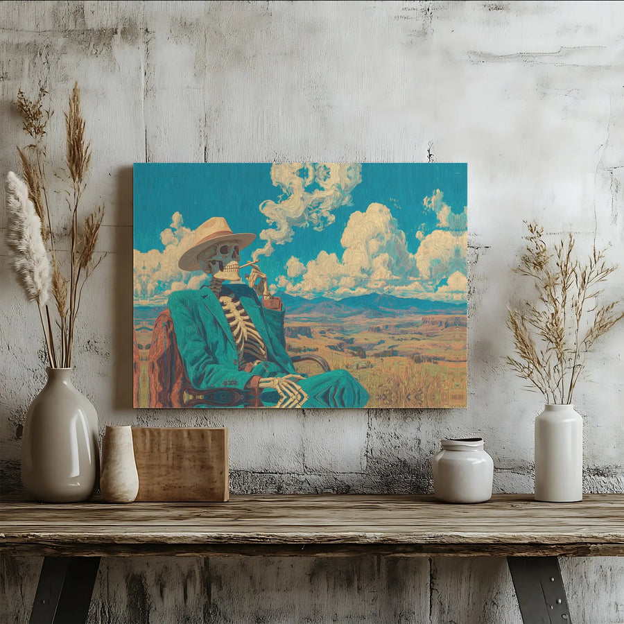 Skeleton Cowboy Canvas Wall Art | Psychedelic Western Landscape Print | Premium Thick Gallery Wrap | Unique Home Decor Gift