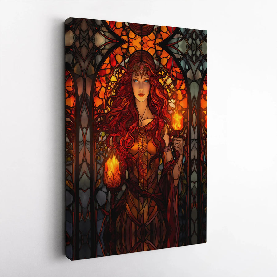 Stained Glass Fire Goddess Canvas Print | Red-Haired Fantasy Wall Art | Premium Gallery Wrapped Decor | Mythical Home Office Gift
