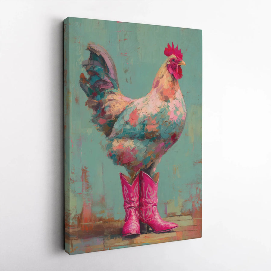 Rooster in Pink Cowboy Boots Wall Art | Whimsical Farmhouse Canvas Print | Premium Gallery-Wrapped Decor | Fun Country Kitchen Gift for Her