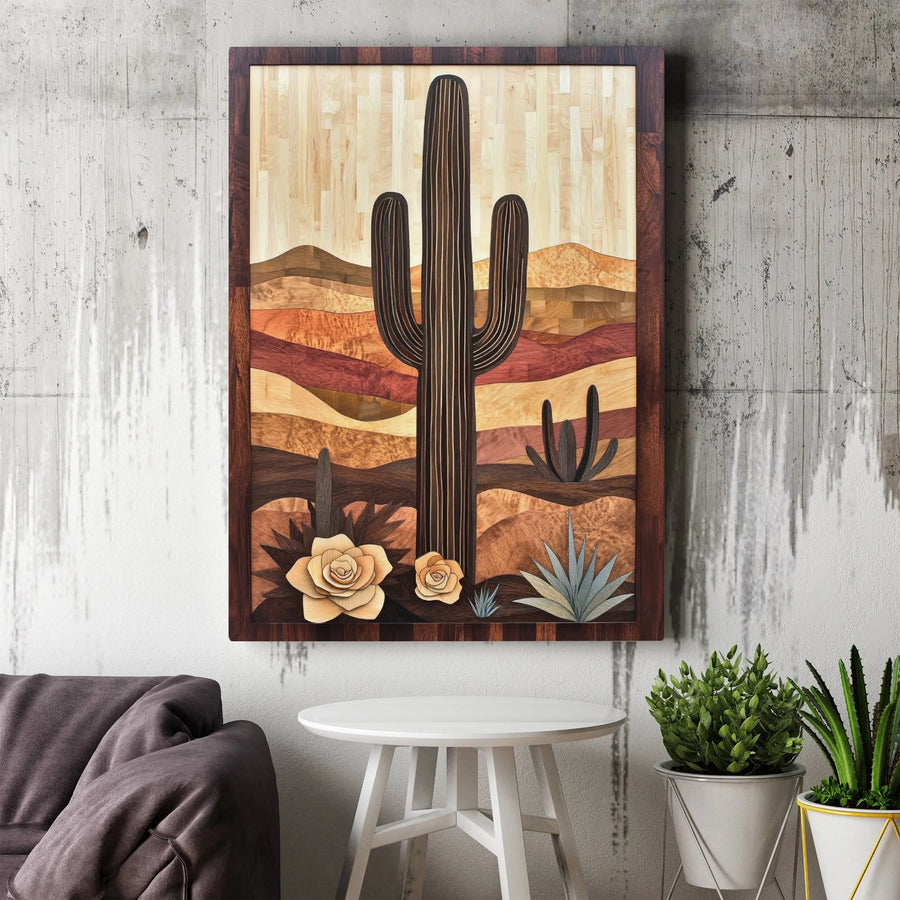 Saguaro Cactus Desert Wall Art | Western Landscape Wood Texture Print | Gallery Wrap Canvas | Southwestern Home Decor for Living Room