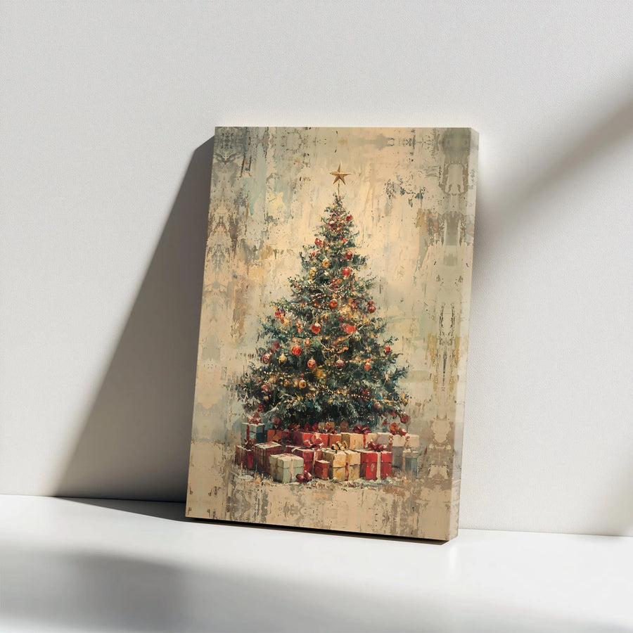 Rustic Christmas Tree Canvas Art | Vintage Festive Decor with Wrapped Gifts | Premium 1.25" Gallery Wrap | Holiday Wall Art for Home or Office Gift