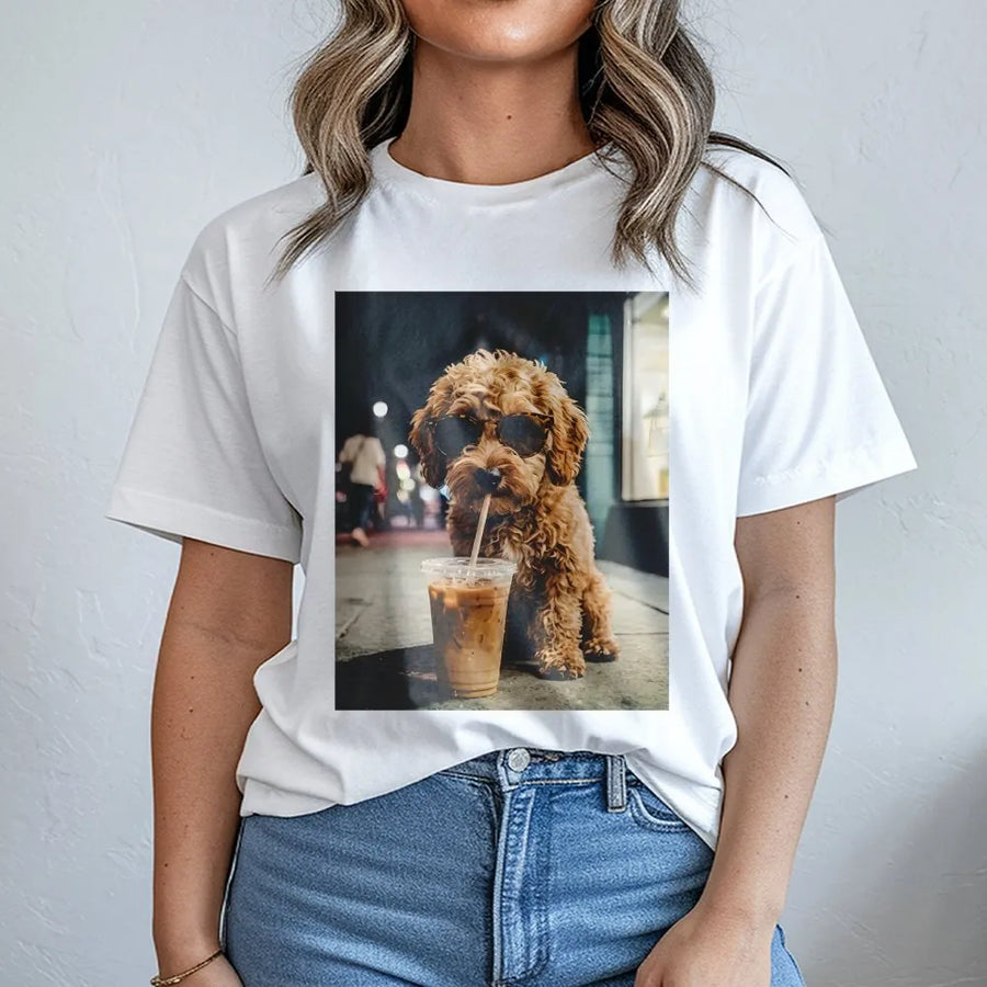 Cute Doodle Dog T-Shirt | Puppy with Sunglasses Drinking Iced Coffee | Premium Cotton Blend Sweatshirt | Gift for Goldendoodle Mom Dad