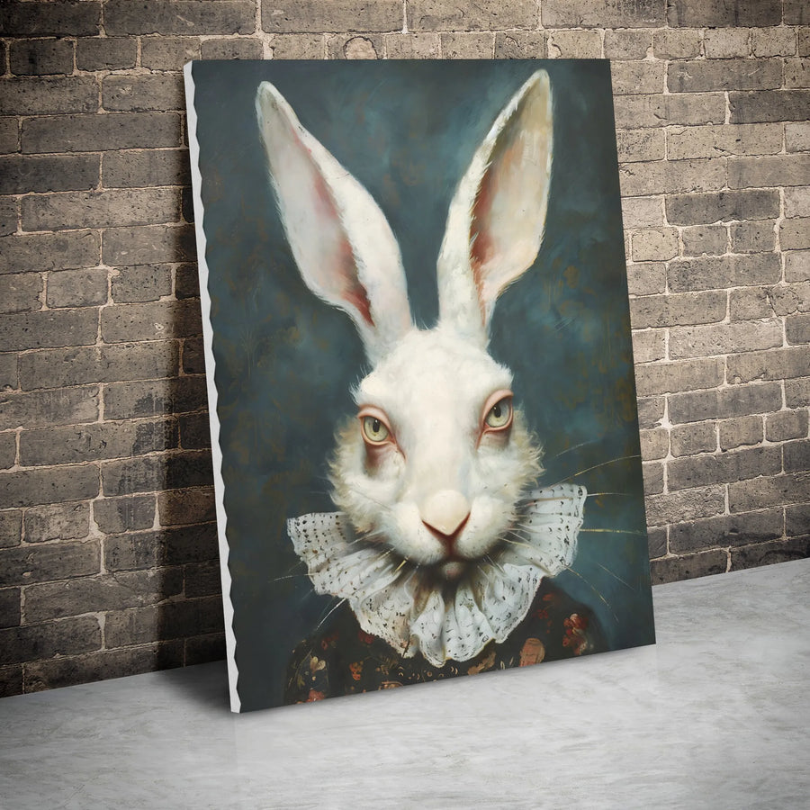 White Rabbit Canvas Wall Art | Renaissance Portrait With Lace Ruff | Premium Gallery Wrap Print | Quirky Victorian Style Gift For Animal Lovers