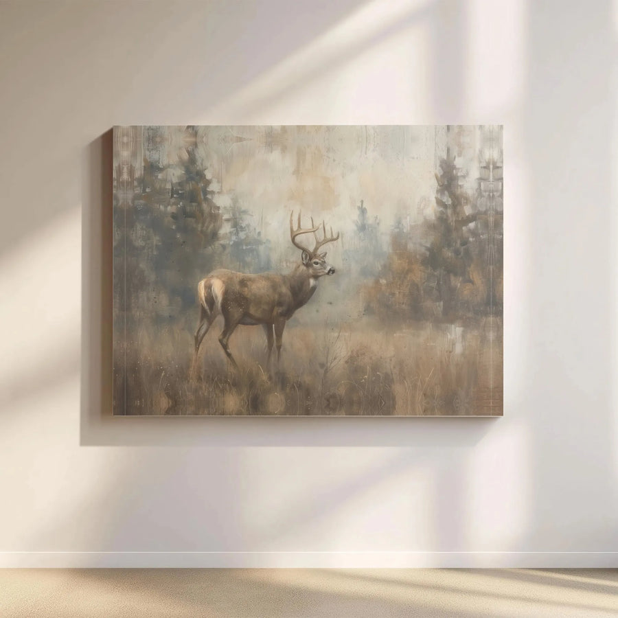 Whitetail Deer Canvas Wall Art | Rustic Misty Forest Painting | Premium Gallery Wrapped Decor | Nature Lover Hunter Gift