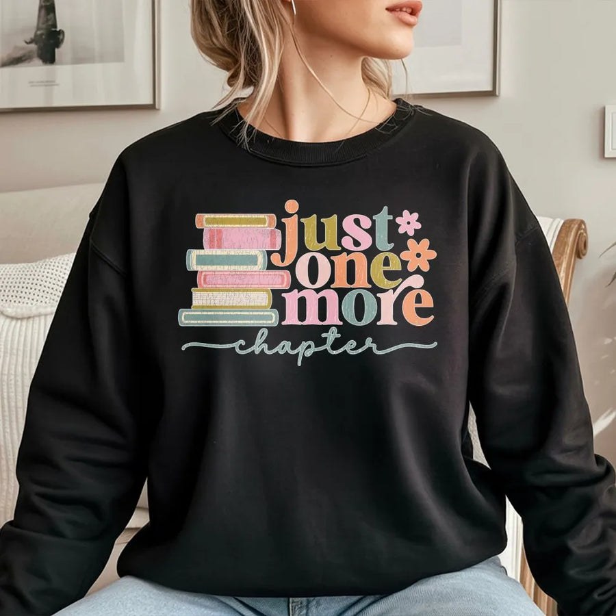 Just One More Chapter Sweatshirt | Retro Book Stack Graphic Design | Premium Cotton-Poly Blend | Book Lover Gift for Readers and Librarians