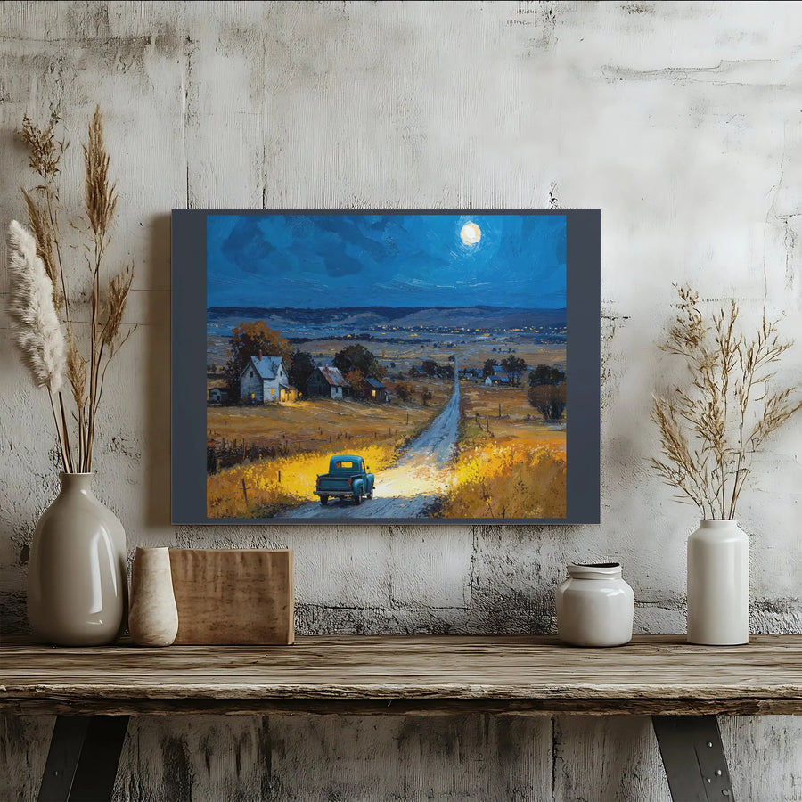 Blue Truck Country Landscape Canvas Art | Rustic Farmhouse Moonlight Scene | Gallery Wrap Premium Print | Cozy Wall Decor Gift