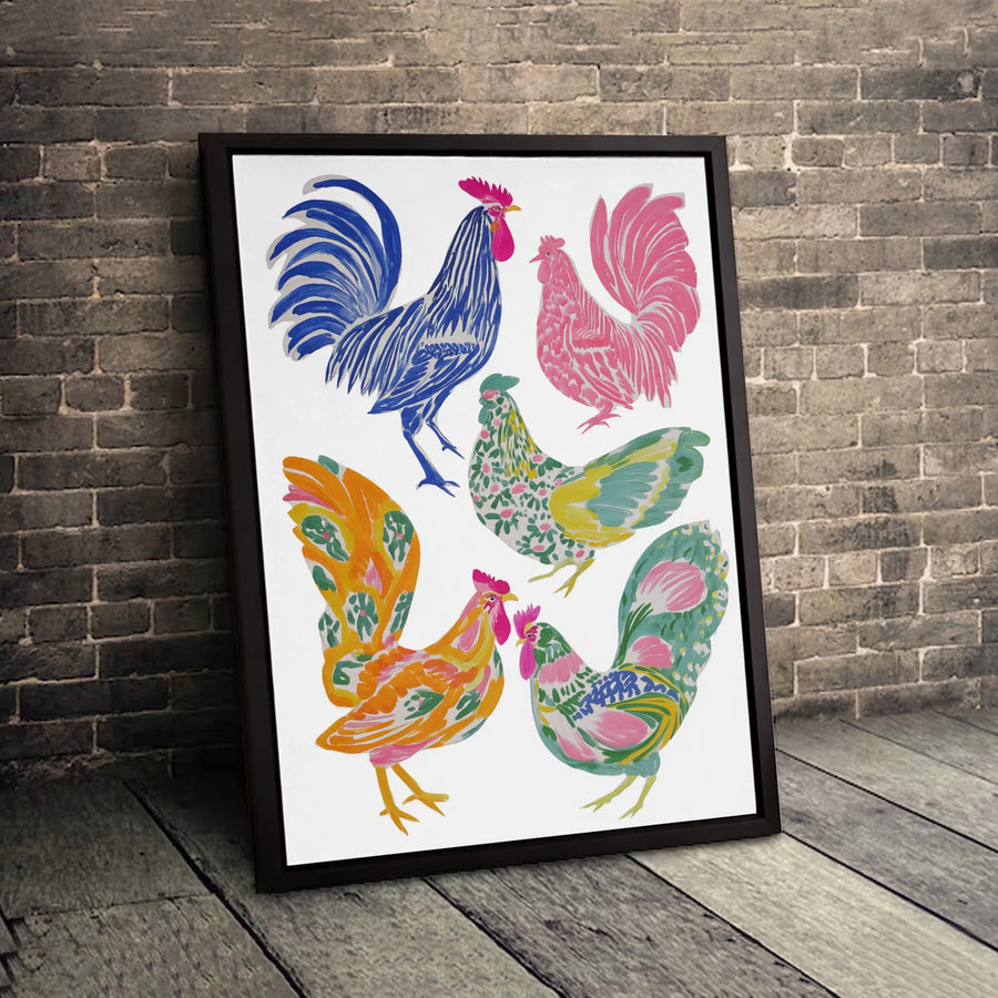 Colorful Rooster Wall Art | Modern Farmhouse Poultry Illustration | Premium Gallery Wrapped Canvas | Farm Kitchen Decor Print
