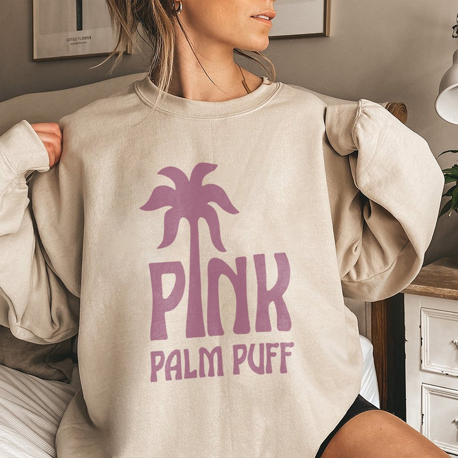 Pink Palm Puff Sweatshirt | Retro Tropical Graphic | Premium Cotton Blend | Aesthetic Unisex Streetwear Gift